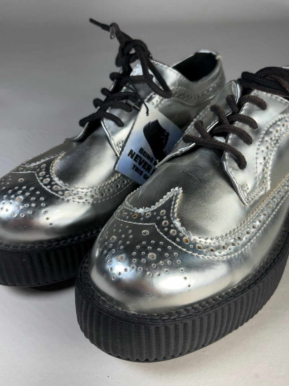 T.U.K. Shoes Women Size 5 Platform Chrome Leather (READ
